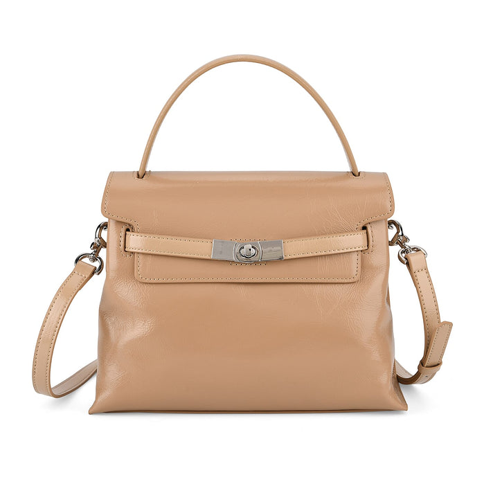 Valissiere Designer Inspired Genuine Leather Structured Satchel Handbag With Crossbody Strap - Khaki 8419287 1