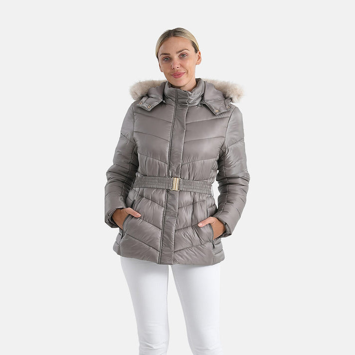 Valissiere Ladies Belted Water-Windproof Puffer Jacket with Detatchable Fur Trim Hood (Size L) - Champagne 8189831 1