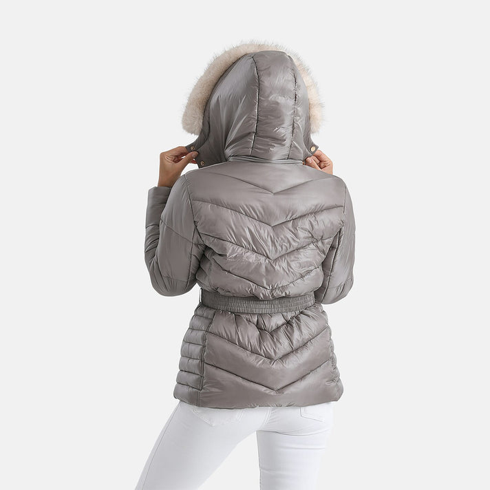 Valissiere Ladies Belted Water-Windproof Puffer Jacket with Detatchable Fur Trim Hood (Size L) - Champagne 8189831 2