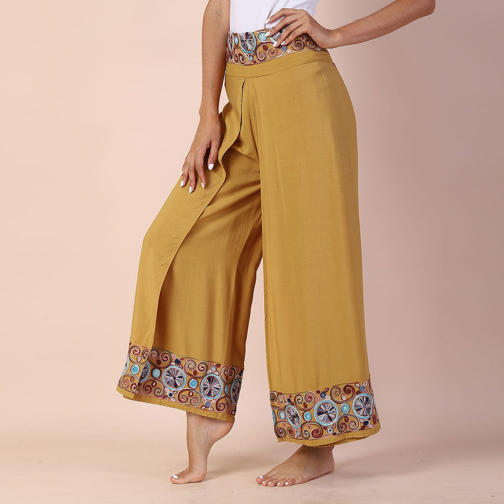 LA MAREY 100% Viscose Embroidery Women Trousers (Size 14-16) - Mustard