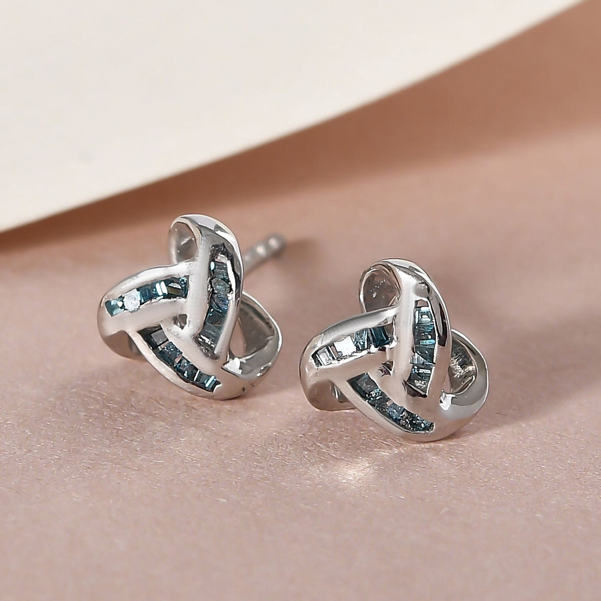 Vegas Close Out - Blue Diamond Knot Stud Earrings in Platinum Plated Sterling Silver 0.15 Ct. 8962512 2