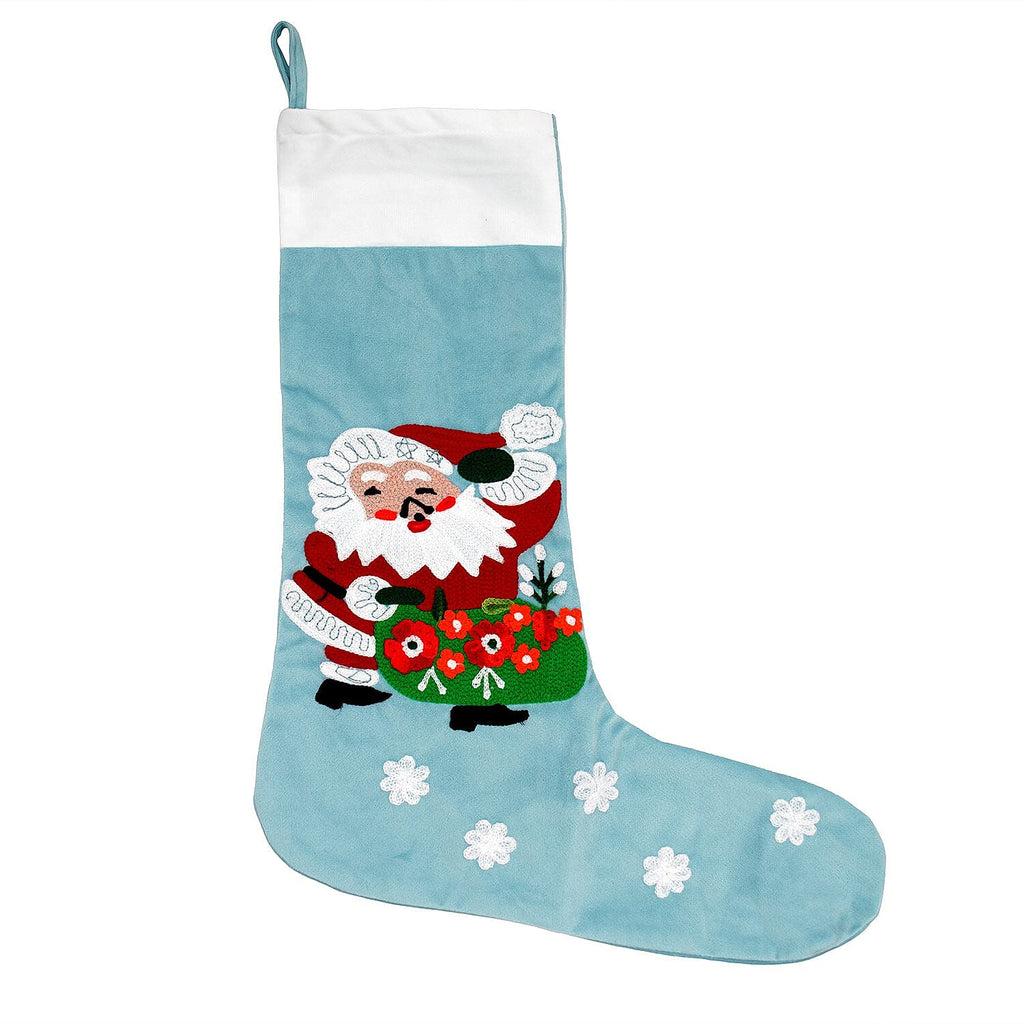 Velvet Christmas Embroidered Hanging-Stocking Sock (Size 48x18 Cm) - Turquoise