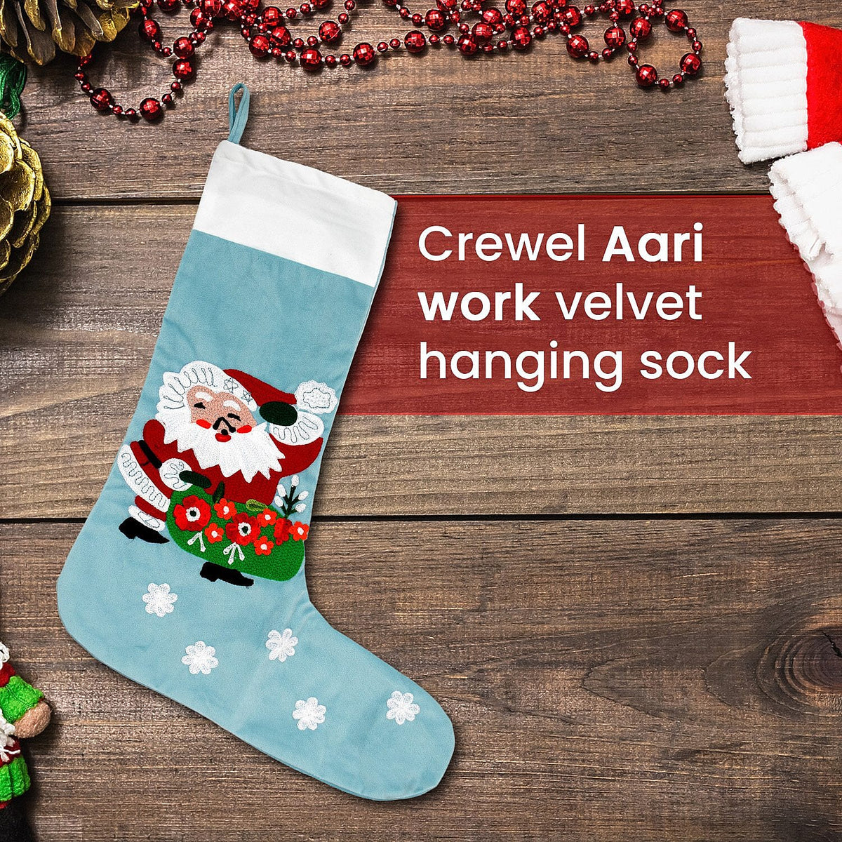 Velvet Christmas Embroidered Hanging-Stocking Sock - Turquoise 7010862 2