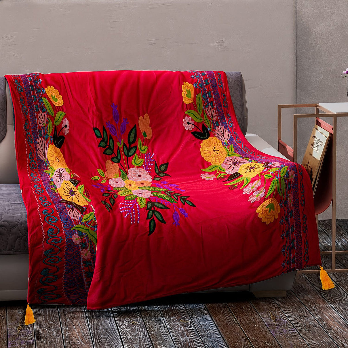 Velvet Embroidered Throw Blanket with Tassels (Size 125x150 Cm) - Red &amp; Multi 8961636 0