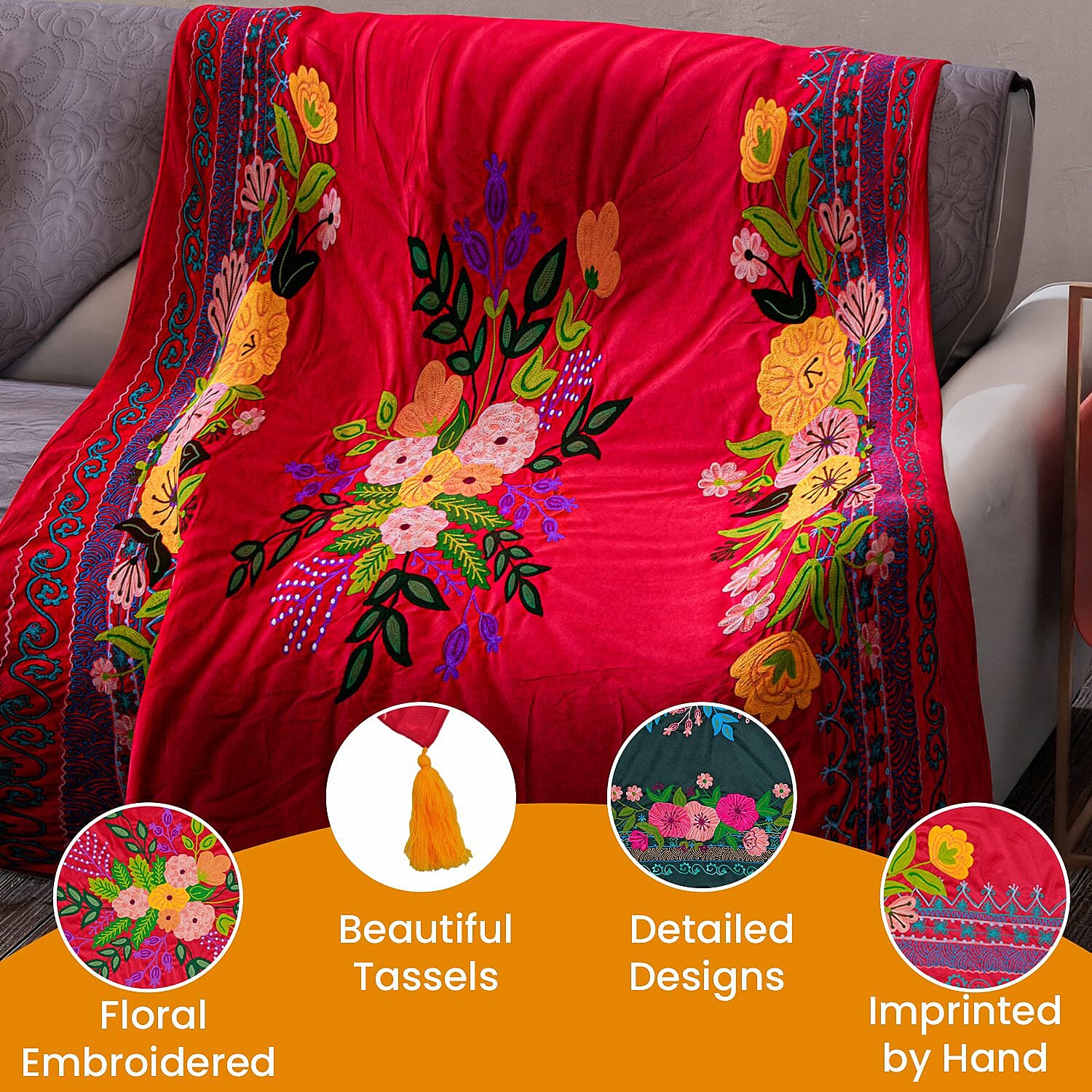 Velvet Embroidered Throw Blanket with Tassels (Size 125x150 Cm) - Red &amp; Multi 8961636 2