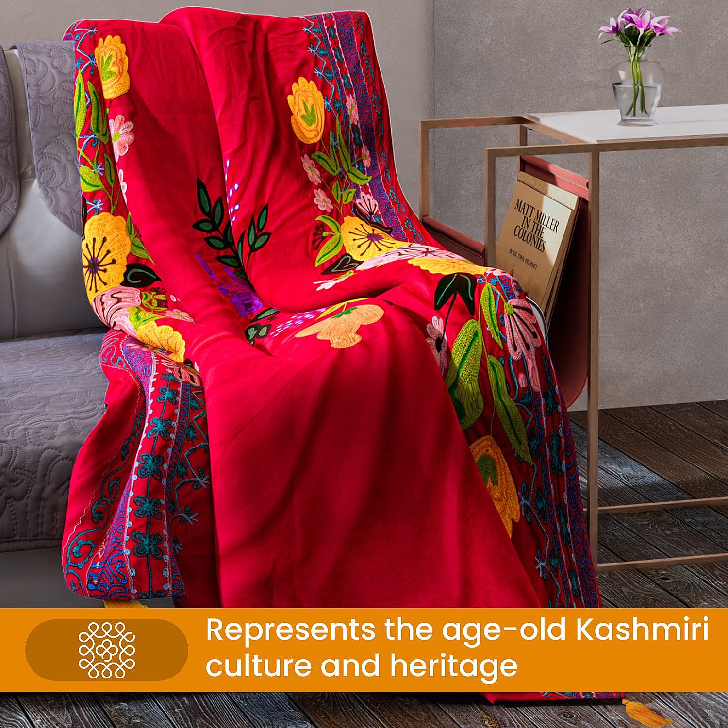 Velvet Embroidered Throw Blanket with Tassels (Size 125x150 Cm) - Red &amp; Multi 8961636 3