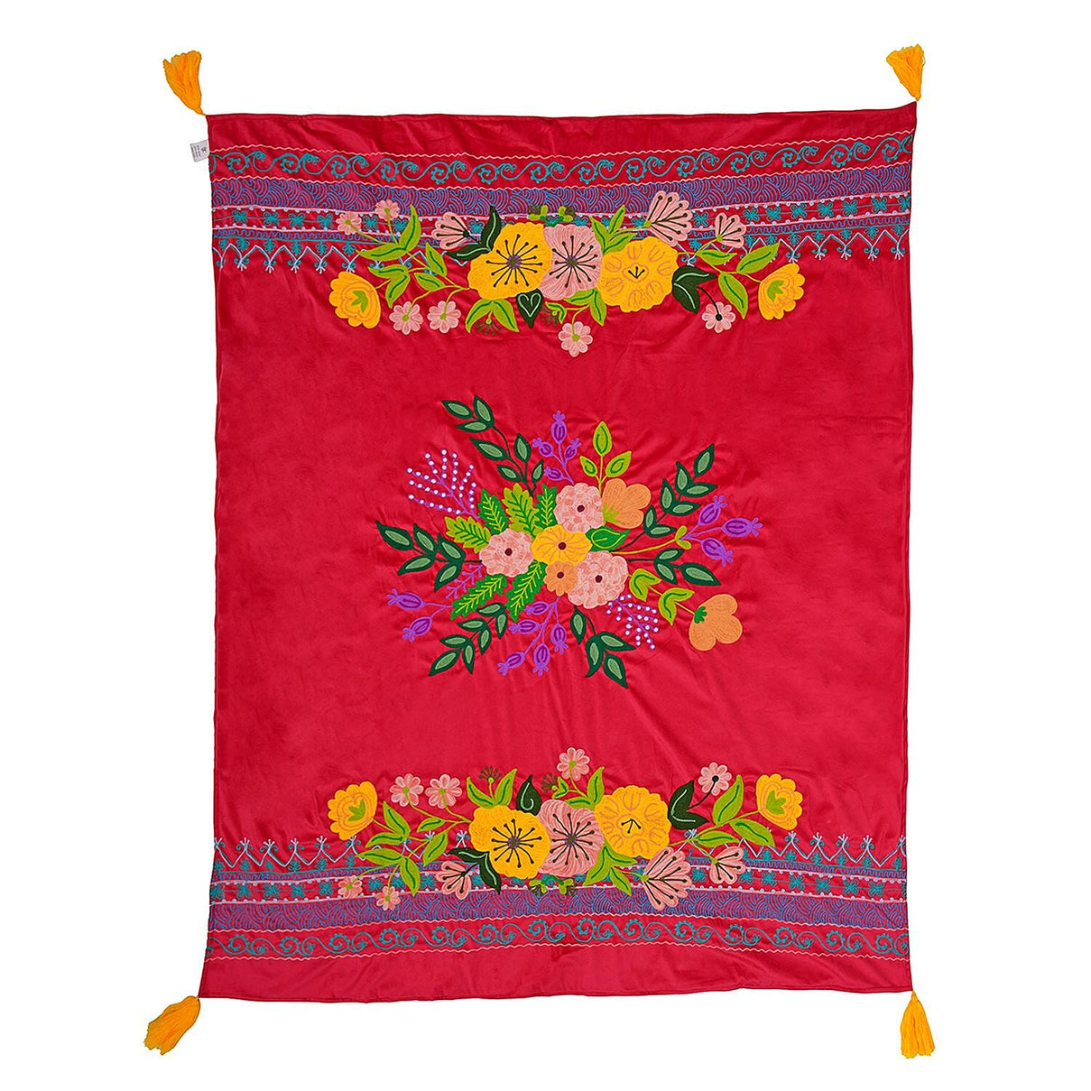Velvet Embroidered Throw Blanket with Tassels (Size 125x150 Cm) - Red &amp; Multi 8961636 4