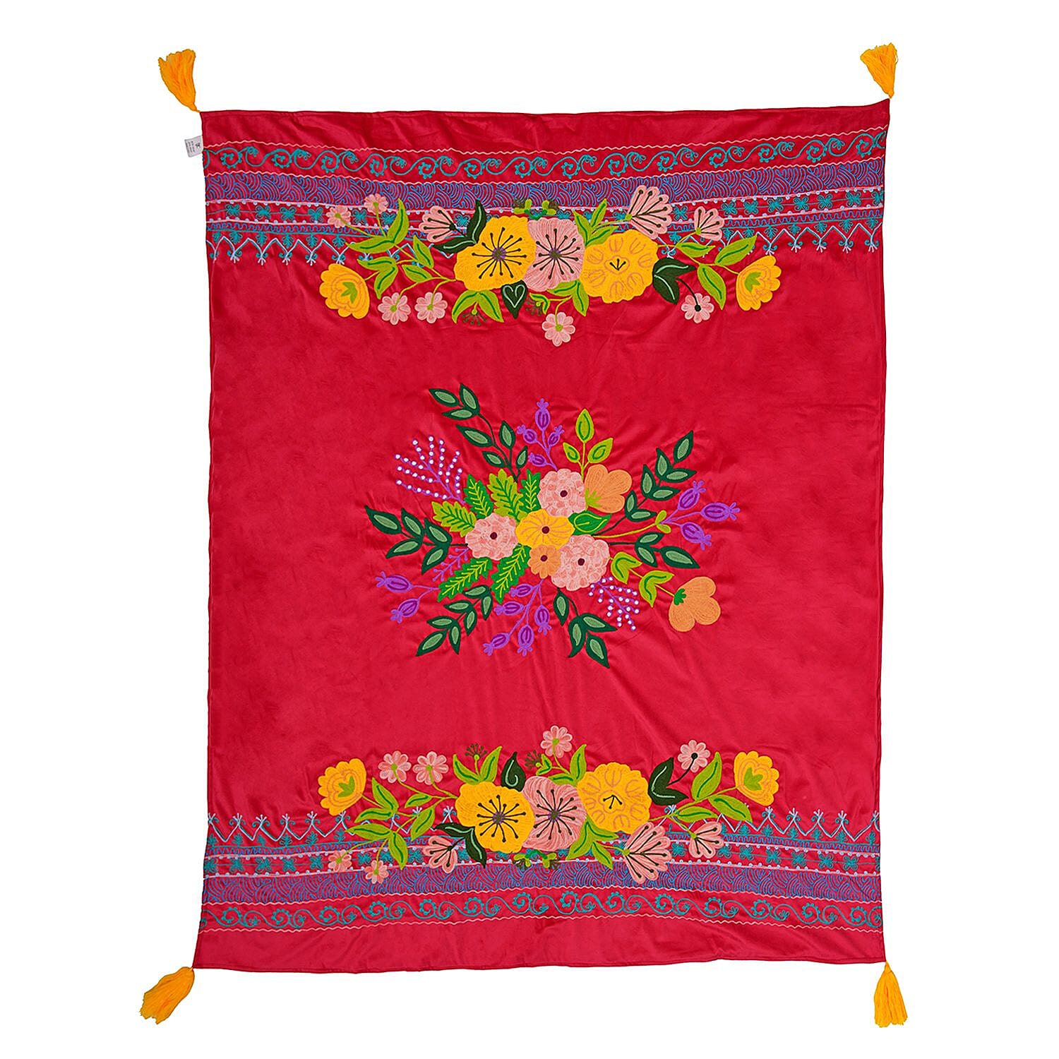 Velvet Embroidered Throw Blanket with Tassels (Size 125x150 Cm) - Red &amp; Multi 8961636 4