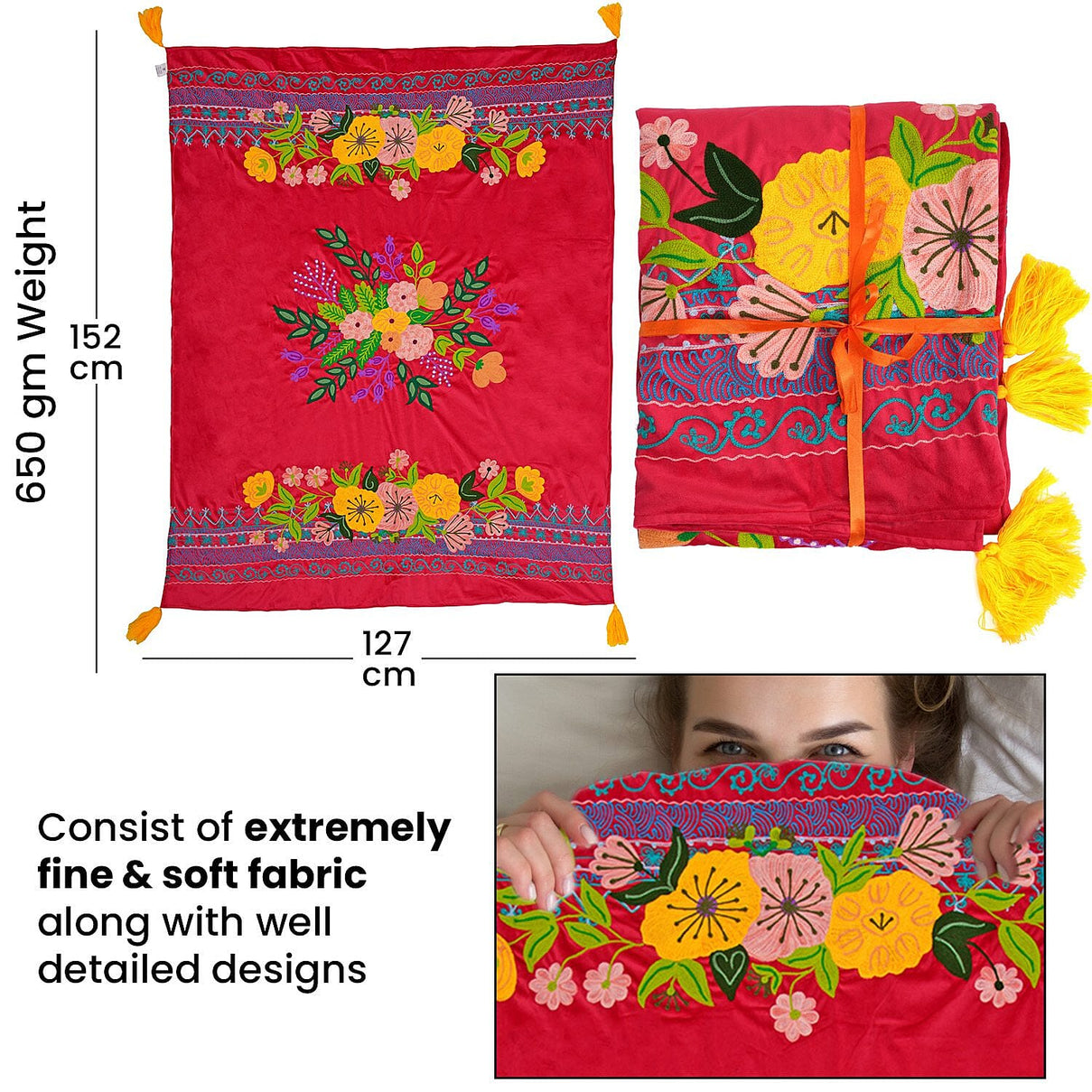 Velvet Embroidered Throw Blanket with Tassels (Size 125x150 Cm) - Red &amp; Multi 8961636 6