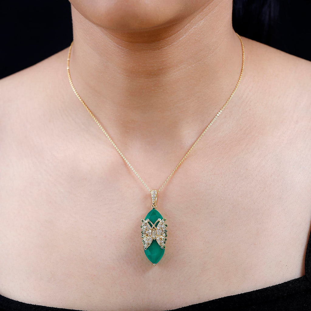 GP Italian Garden Collection - Verde Onyx & Multi Gemstone Pendant with Chain (Size 20) in 18K Vermeil YG Plated Sterling Silver 21.28 Ct, Silver Wt. 8.51 Gms