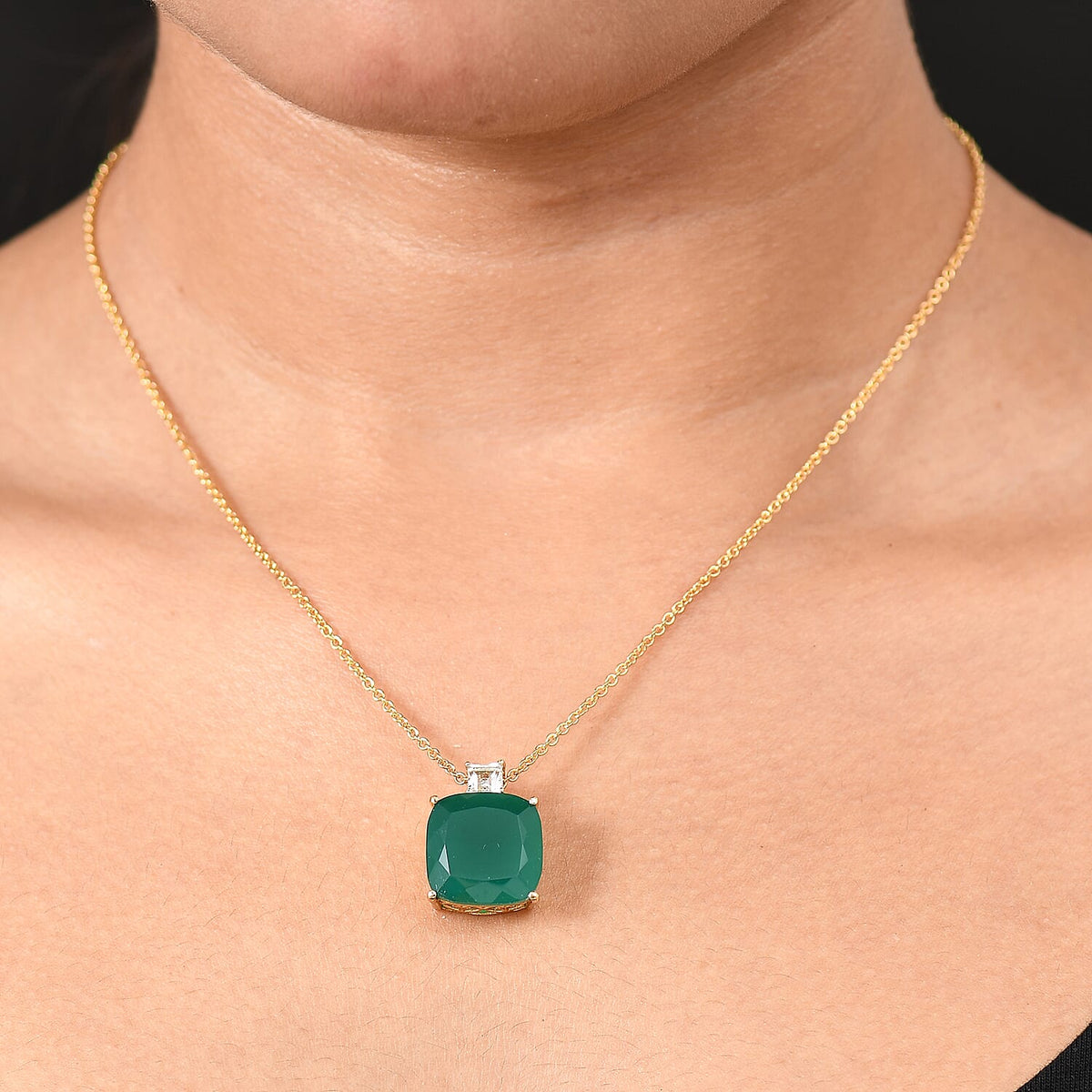 Verde Onyx &amp; White Topaz Pendant with Chain (Size 20) in 14K Yellow Gold Plating Sterling Silver 13.04 Ct. 4406492 2
