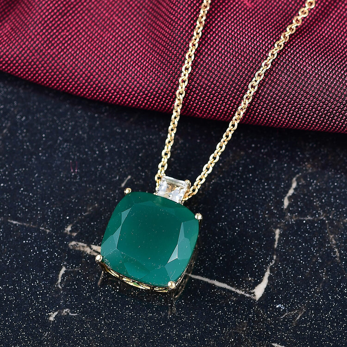 Verde Onyx &amp; White Topaz Pendant with Chain (Size 20) in 14K Yellow Gold Plating Sterling Silver 13.04 Ct. 4406492 3