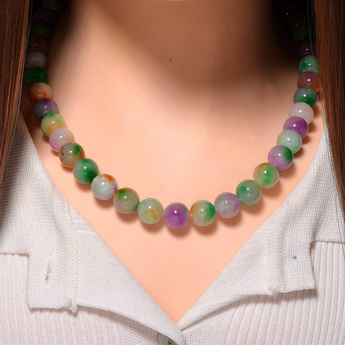 Multi Colour Burmese Jadeite Bead Necklace (Size - 20) with Magnetic Clasp in Yellow Gold Plated Sterling Silver 650 Ct. V32733644 6