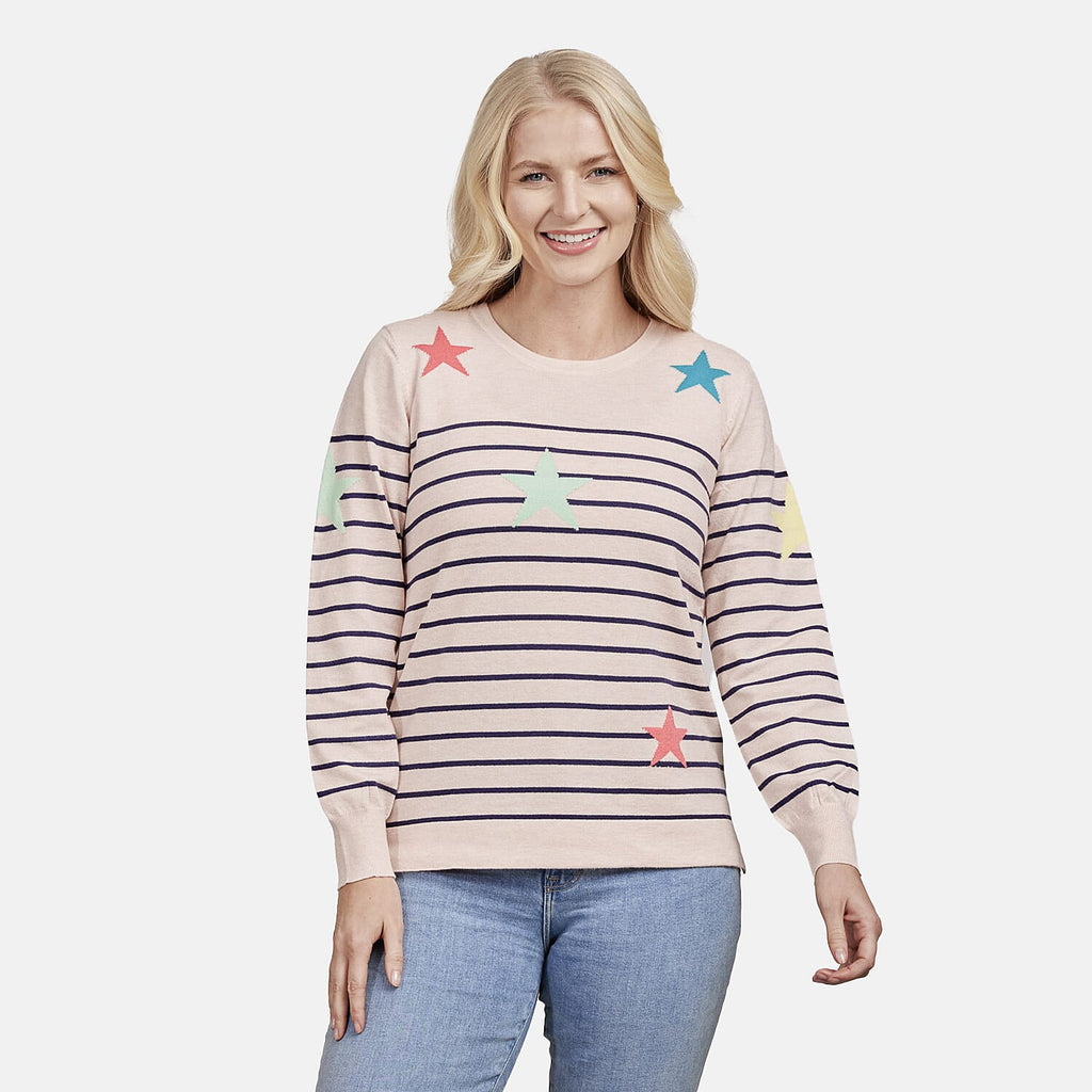 Mudflower Ladies Stars - Stripes Jumper (Size 10) - Peach - Navy