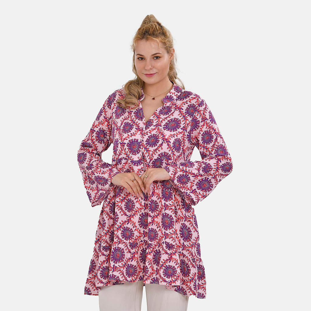 La Marey 100% Viscose Totem Pattern V-Neck Top (Size - L-XL, 16-20) - Pink