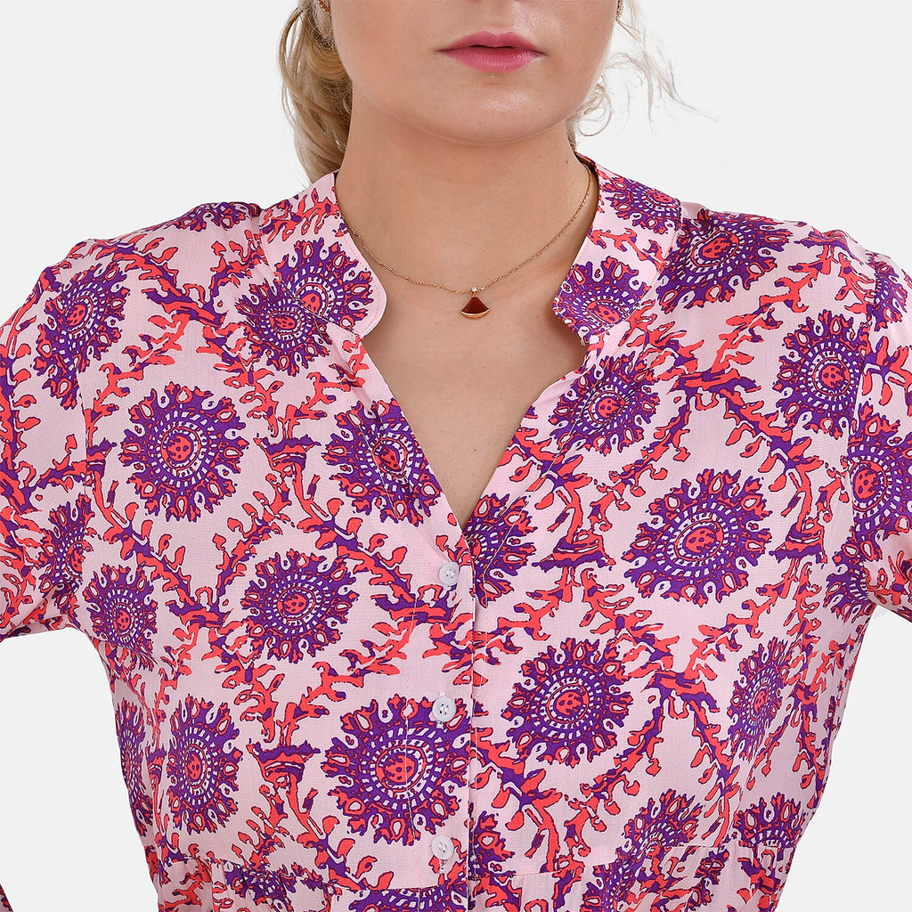 La Marey 100% Viscose Totem Pattern V-Neck Top (Size - L-XL, 16-20) - Pink