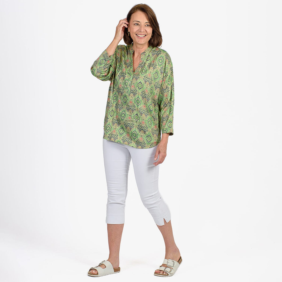 Adonai - Womens Viscose Ikat Print Woven Blouse (Size S) - Green V32731540 0