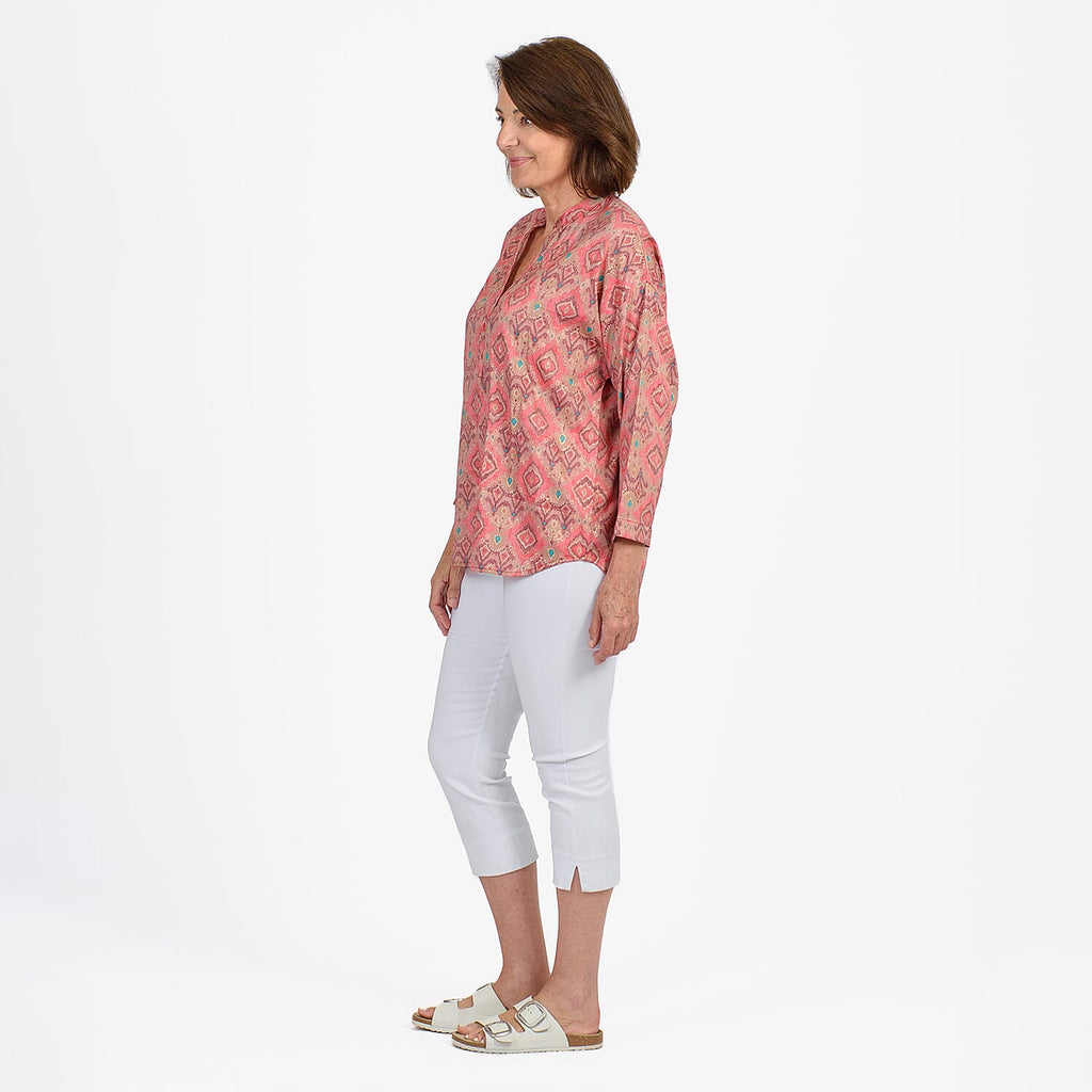 Adonai - Womens Viscose Ikat Print Woven Blouse (Size L) - Pink