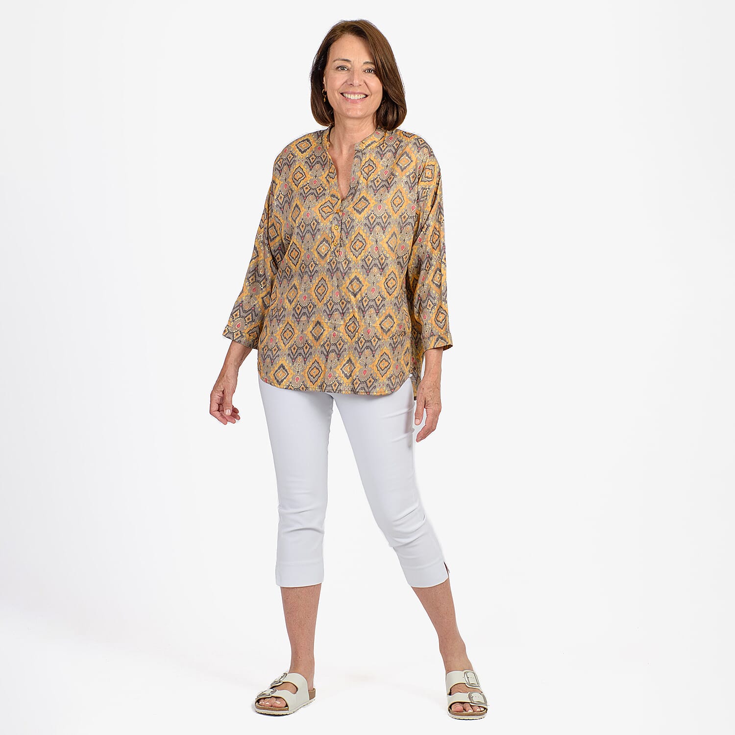 Adonai - Womens Viscose Ikat Printed Woven Blouse (Size L) - Yellow 7758746 0