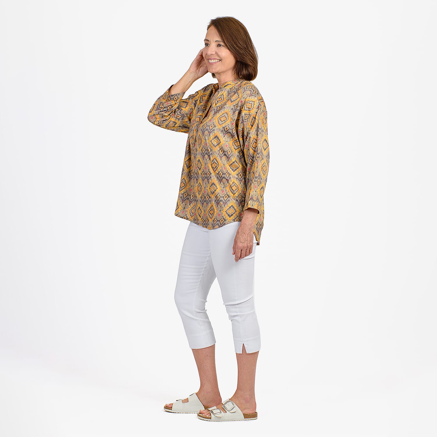 Adonai - Womens Viscose Ikat Printed Woven Blouse (Size L) - Yellow 7758746 1