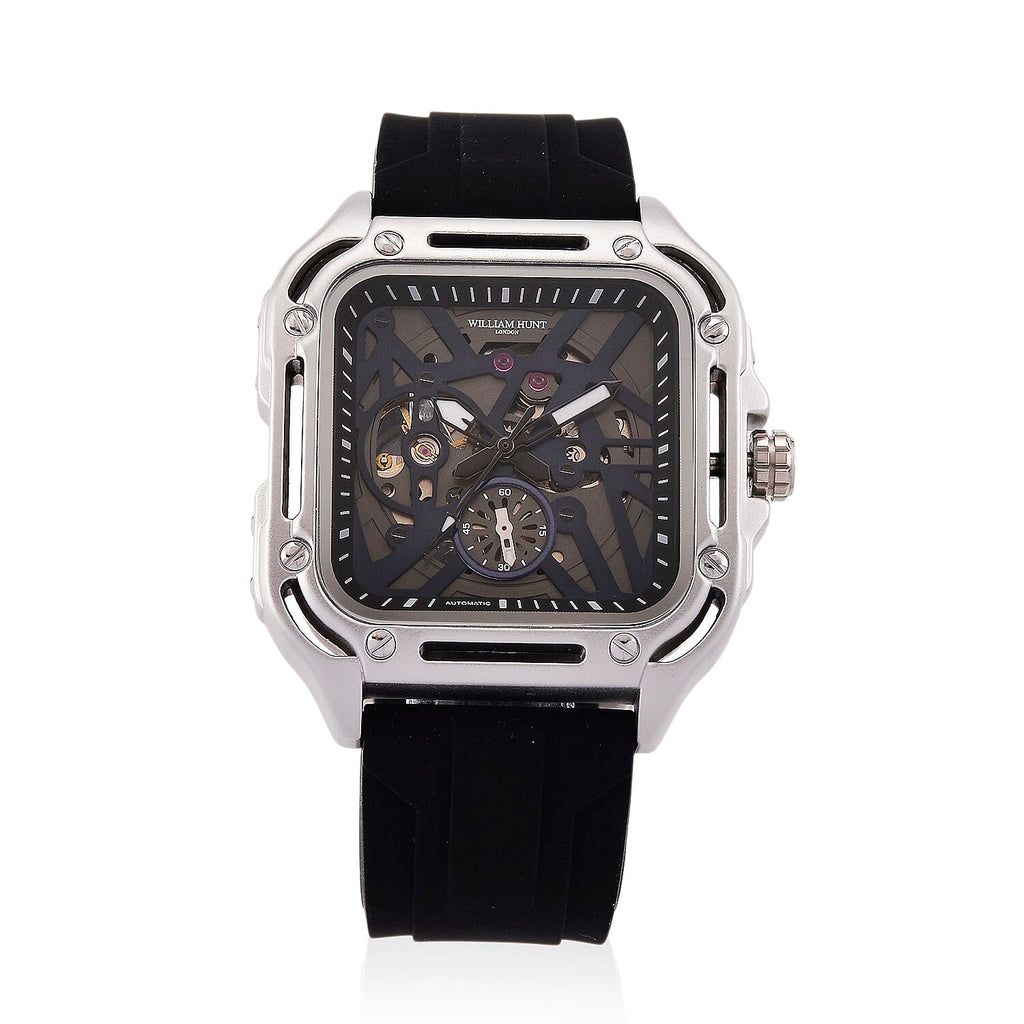 WILLIAM HUNT Automatic 3ATM WR Blue Hollow Dial & Silver Case Watch with Black Silicone Strap