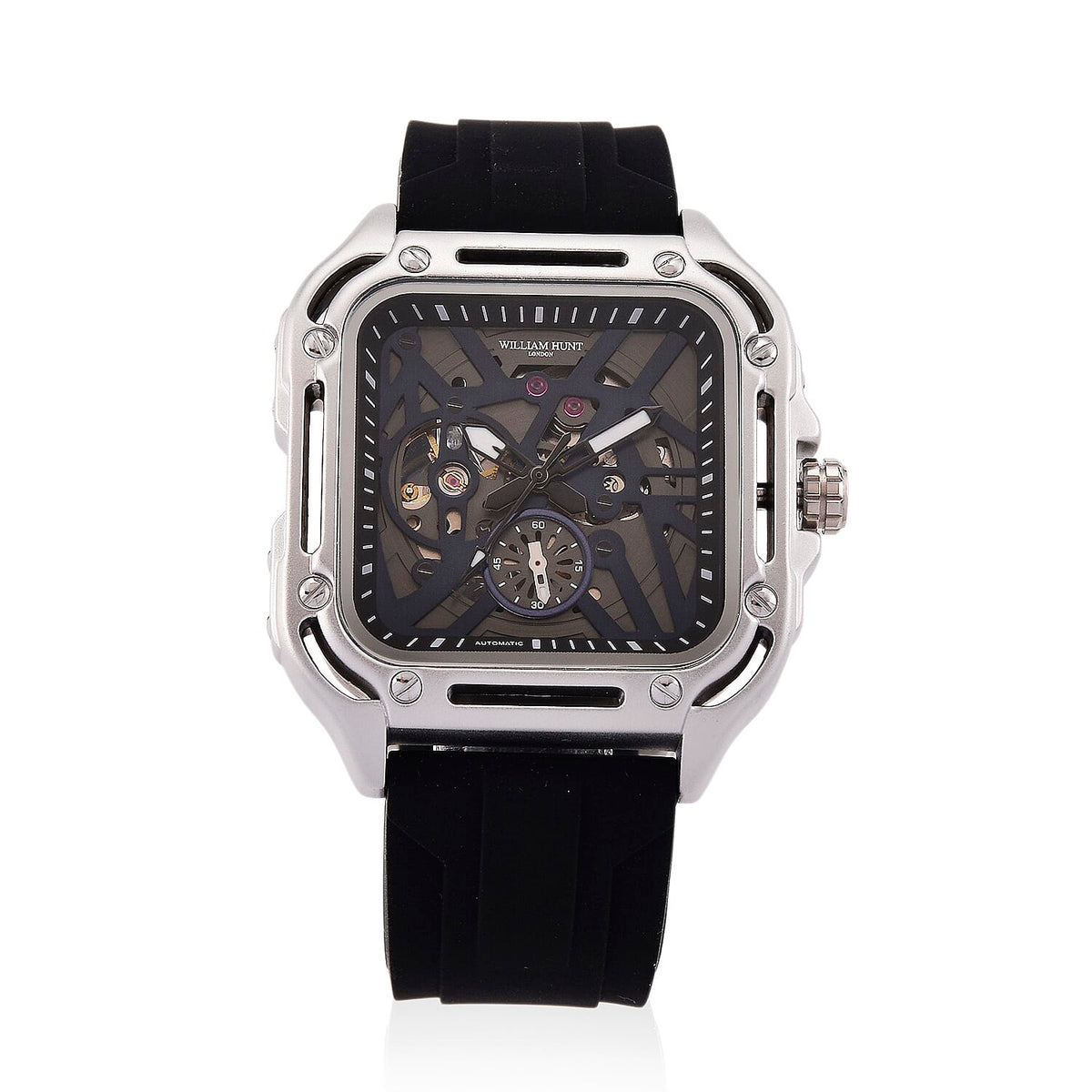WILLIAM HUNT Automatic 3ATM WR Blue Hollow Dial &amp; Silver Case Watch with Black Silicone Strap V32623007 0