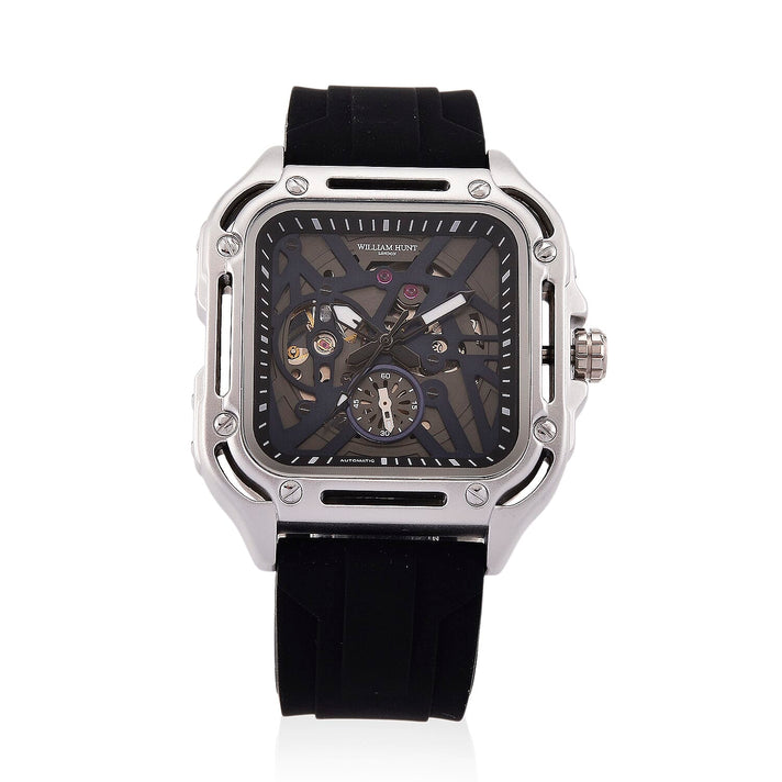 WILLIAM HUNT Automatic 3ATM WR Blue Hollow Dial &amp; Silver Case Watch with Black Silicone Strap V32623007 1