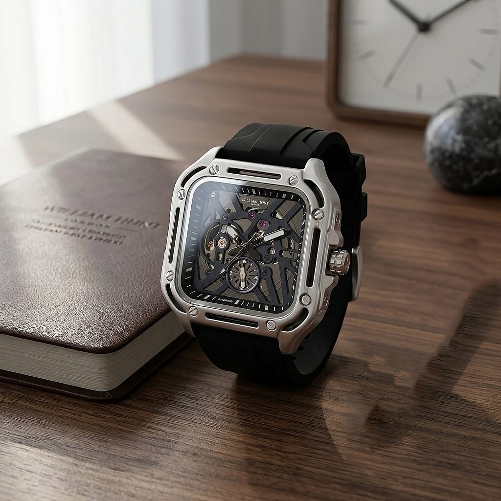 WILLIAM HUNT Automatic 3ATM WR Blue Hollow Dial &amp; Silver Case Watch with Black Silicone Strap V32623007 2