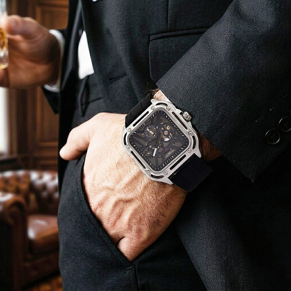 WILLIAM HUNT Automatic 3ATM WR Blue Hollow Dial &amp; Silver Case Watch with Black Silicone Strap V32623007 3