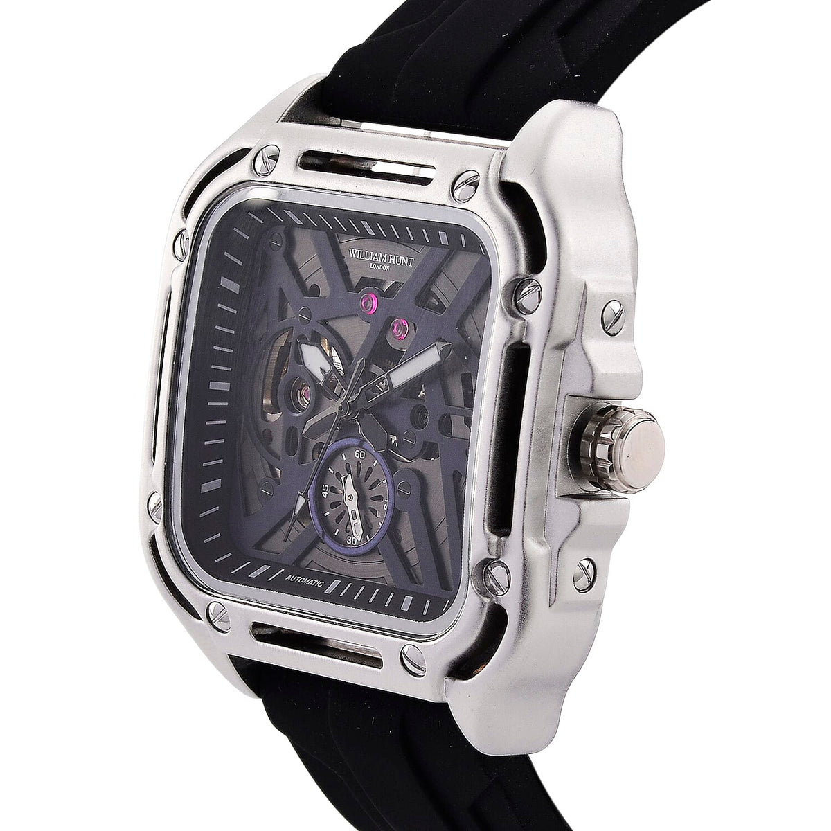 WILLIAM HUNT Automatic 3ATM WR Blue Hollow Dial &amp; Silver Case Watch with Black Silicone Strap V32623007 4