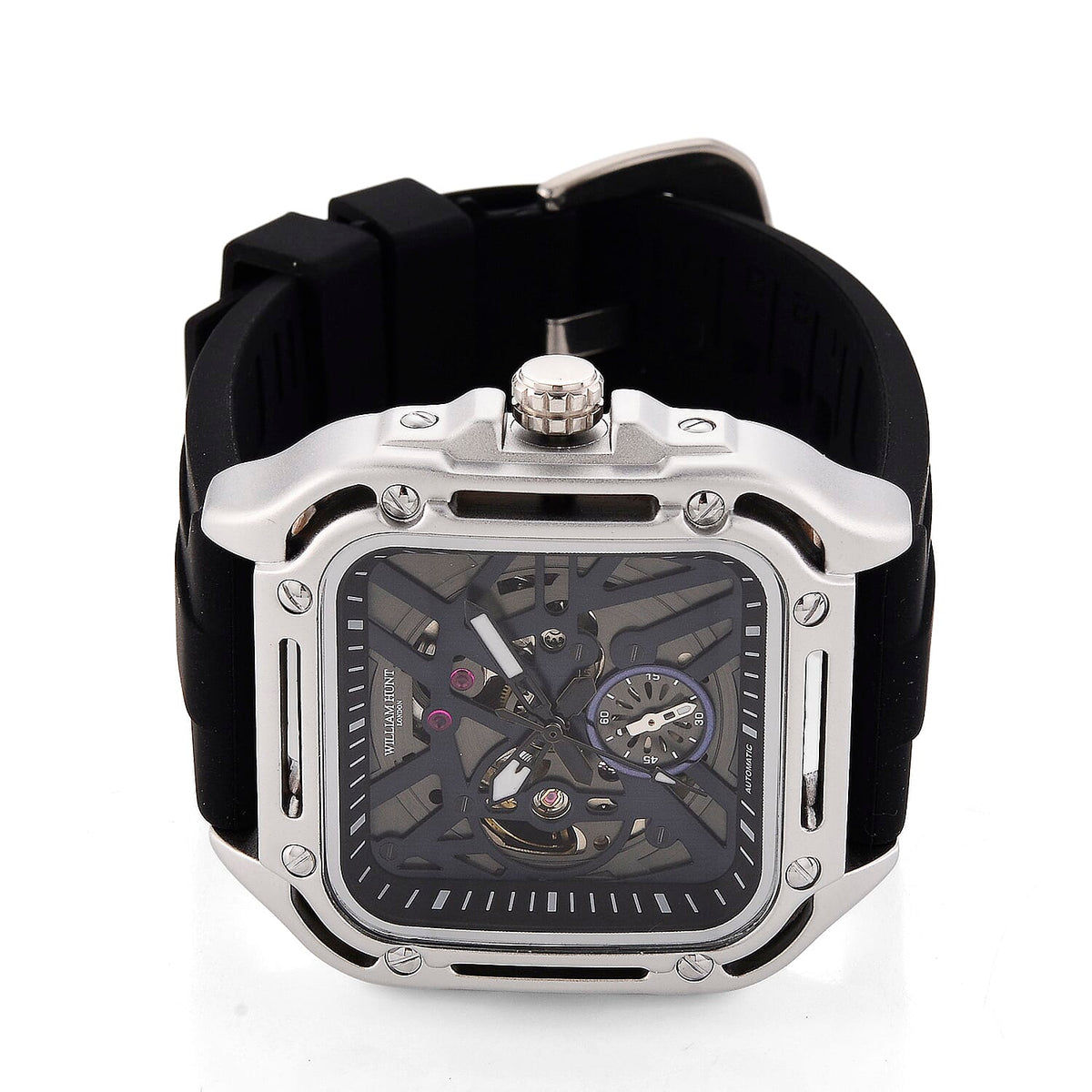 WILLIAM HUNT Automatic 3ATM WR Blue Hollow Dial &amp; Silver Case Watch with Black Silicone Strap V32623007 5