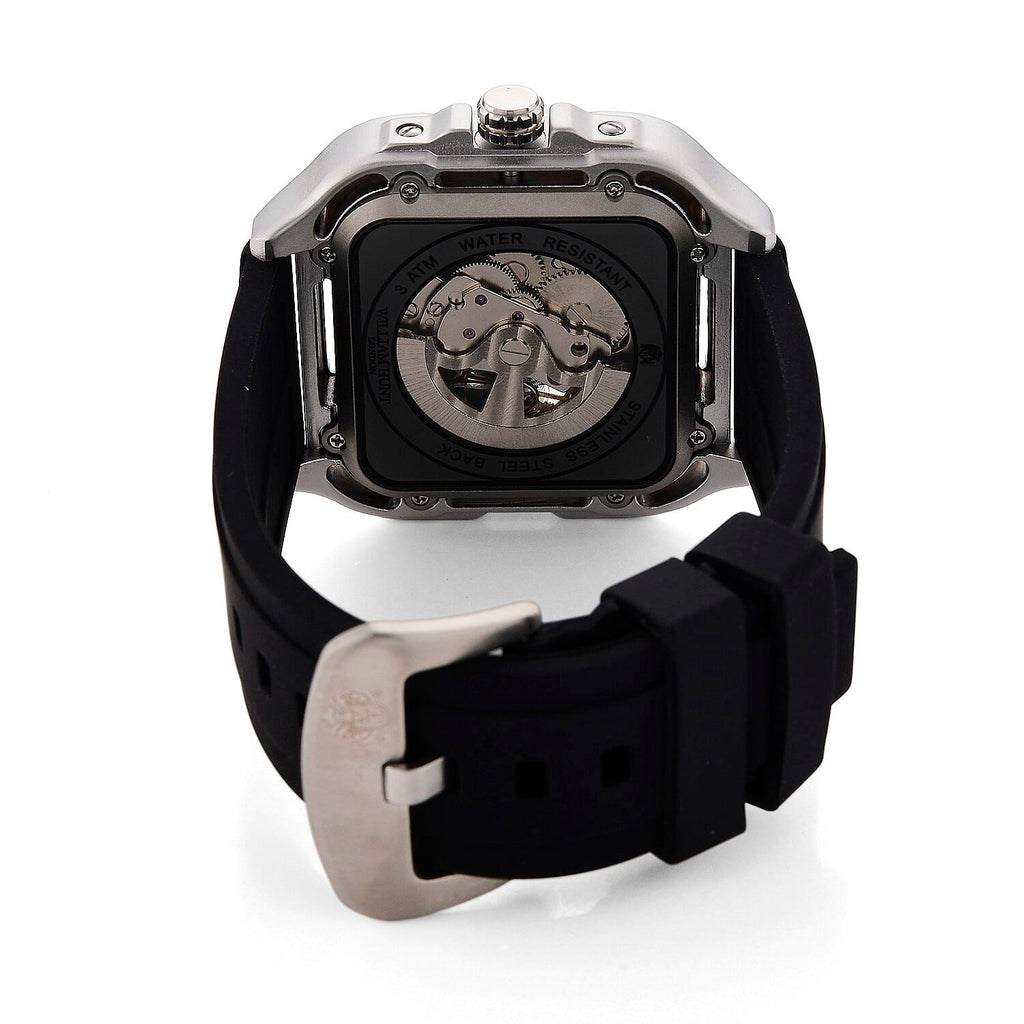 WILLIAM HUNT Automatic 3ATM WR Blue Hollow Dial & Silver Case Watch with Black Silicone Strap