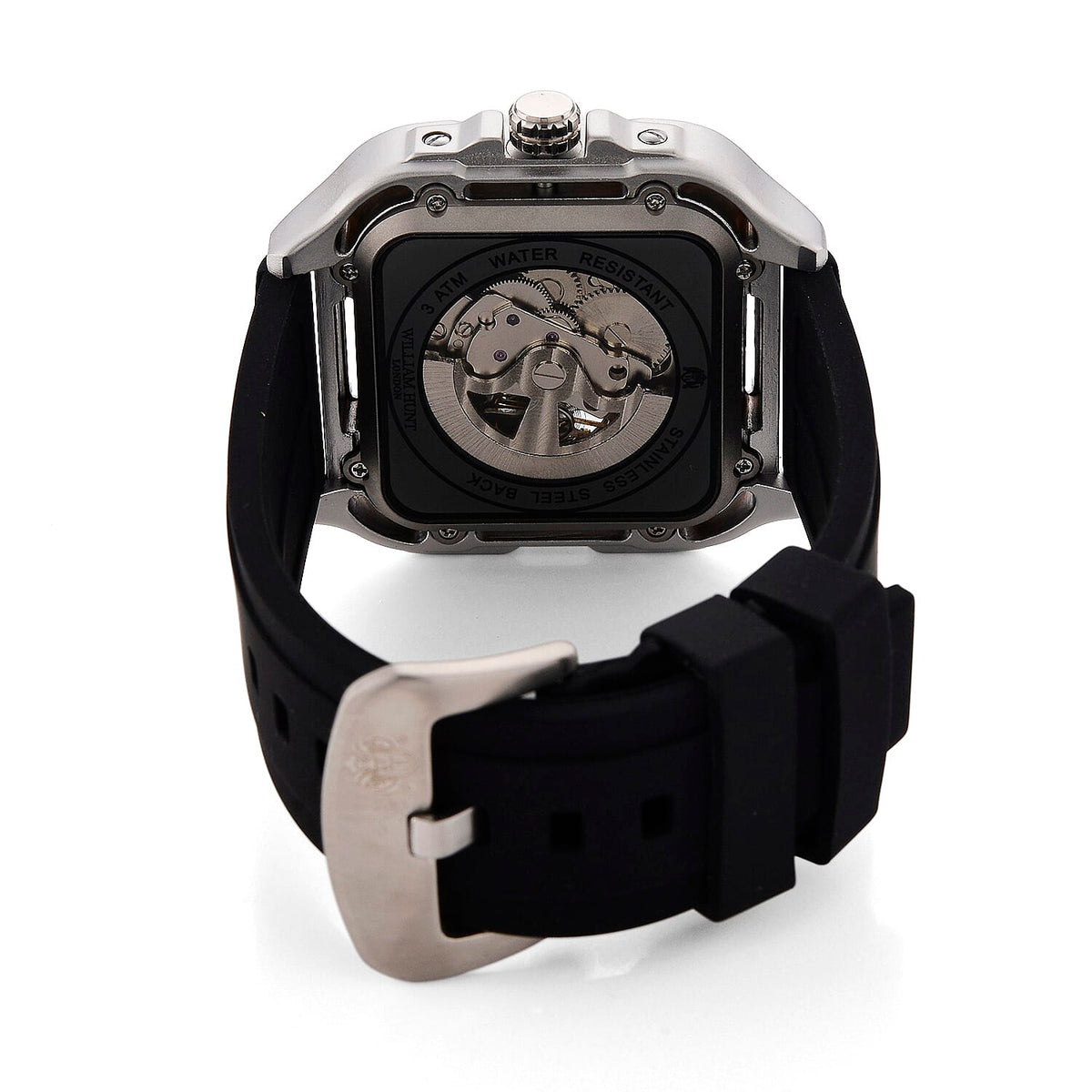 WILLIAM HUNT Automatic 3ATM WR Blue Hollow Dial &amp; Silver Case Watch with Black Silicone Strap V32623007 7