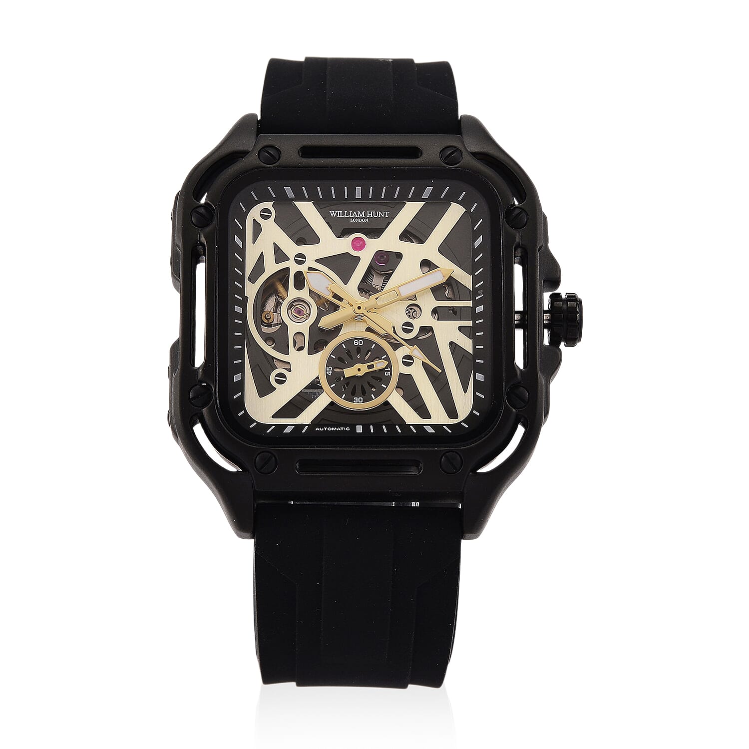 WILLIAM HUNT Automatic 3ATM WR Gold Hollow Dial &amp; Black Case Watch with Black Silicone Strap V32538989 0