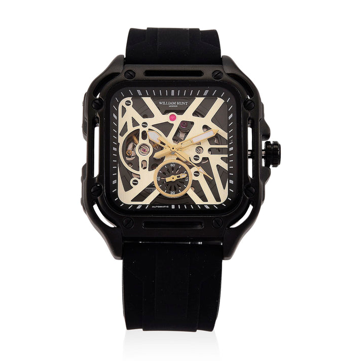 WILLIAM HUNT Automatic 3ATM WR Gold Hollow Dial &amp; Black Case Watch with Black Silicone Strap V32538989 1