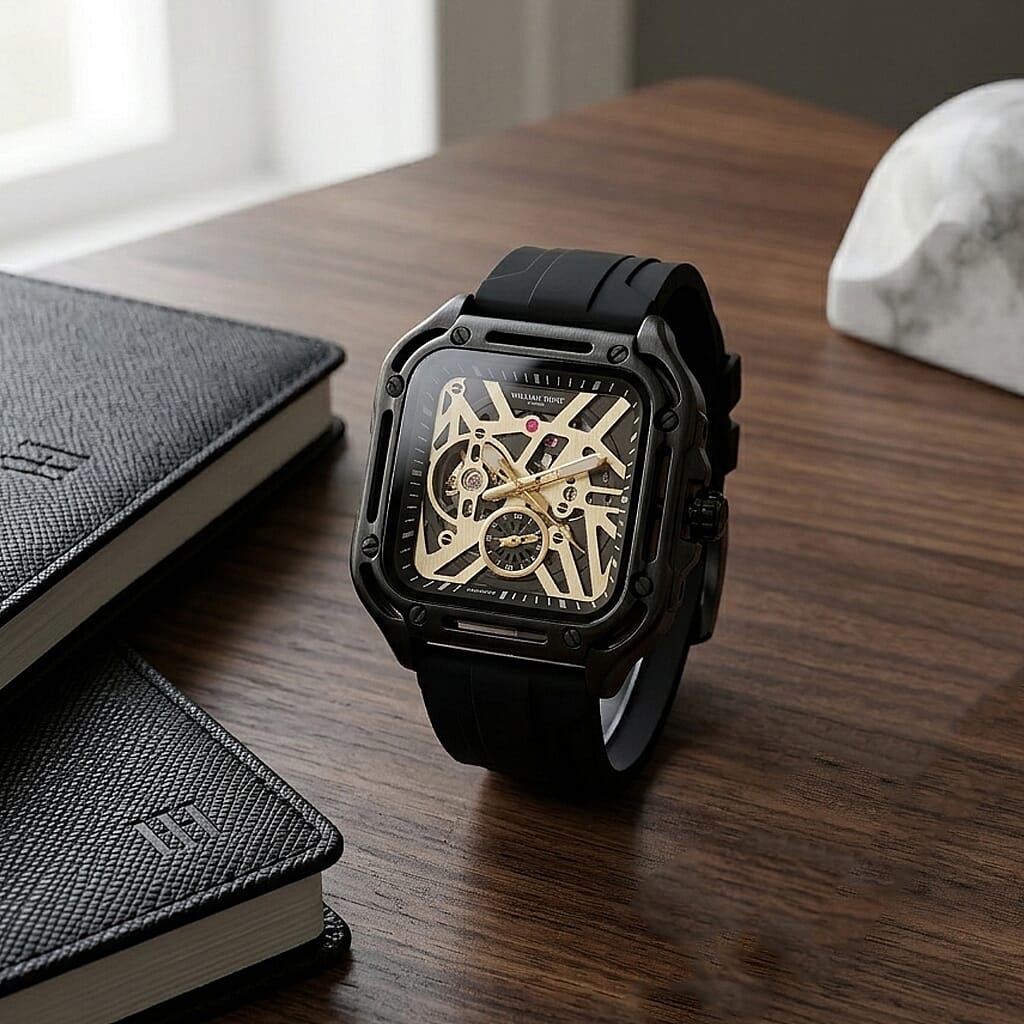 WILLIAM HUNT Automatic 3ATM WR Gold Hollow Dial &amp; Black Case Watch with Black Silicone Strap V32538989 2
