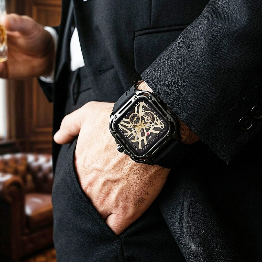 WILLIAM HUNT Automatic 3ATM WR Gold Hollow Dial & Black Case Watch with Black Silicone Strap