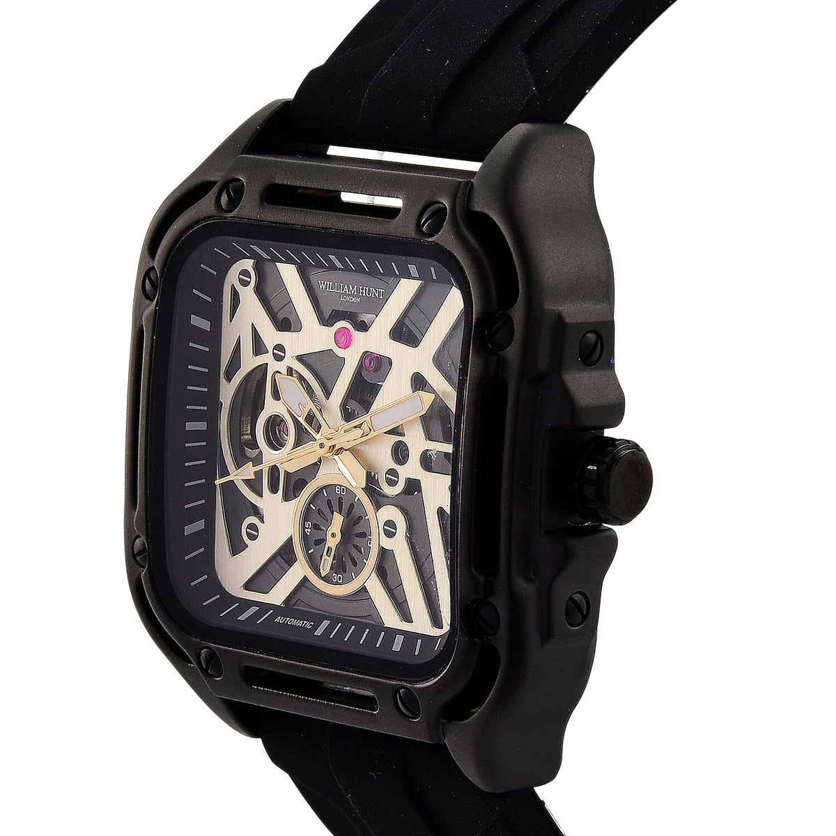 WILLIAM HUNT Automatic 3ATM WR Gold Hollow Dial &amp; Black Case Watch with Black Silicone Strap V32538989 4