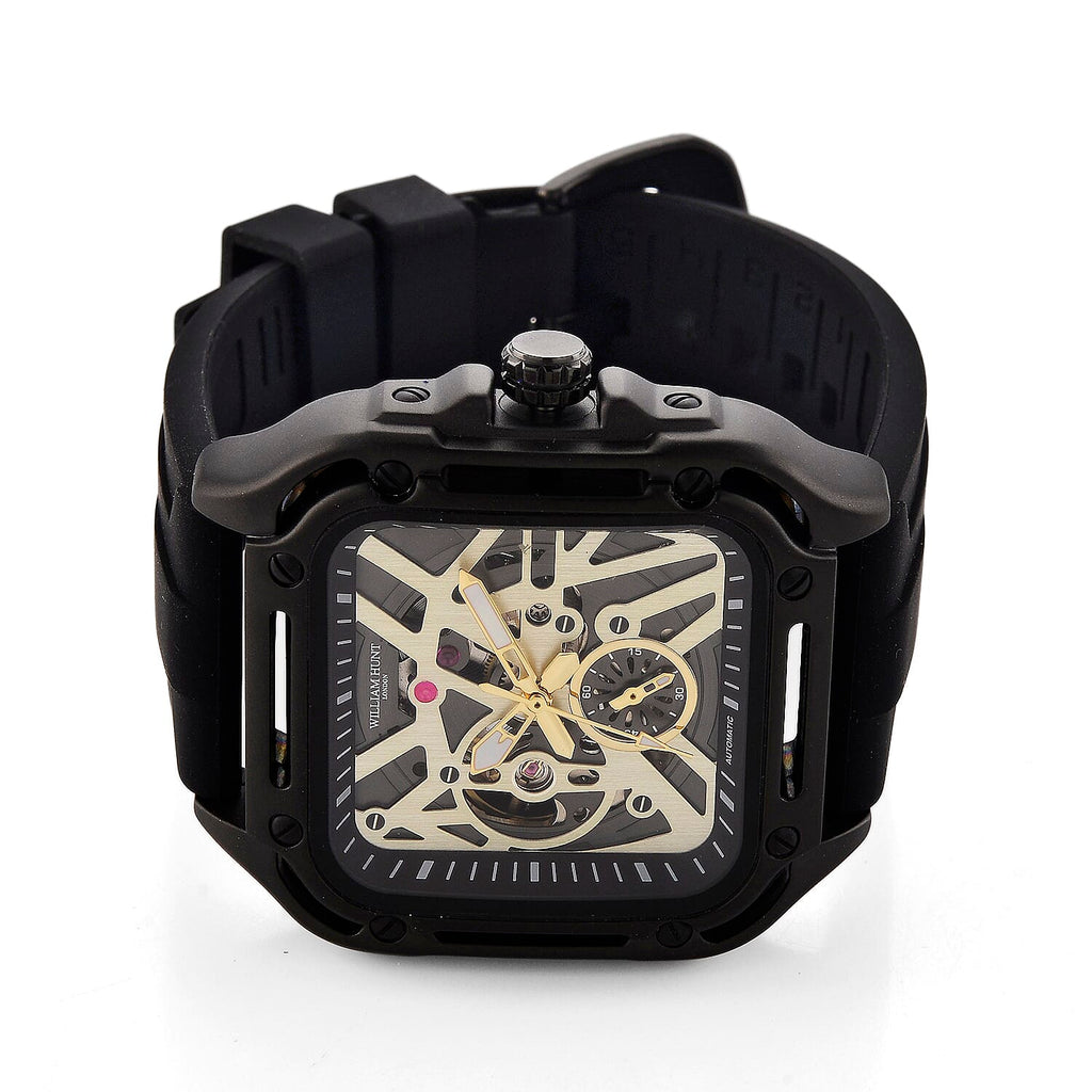 WILLIAM HUNT Automatic 3ATM WR Gold Hollow Dial & Black Case Watch with Black Silicone Strap