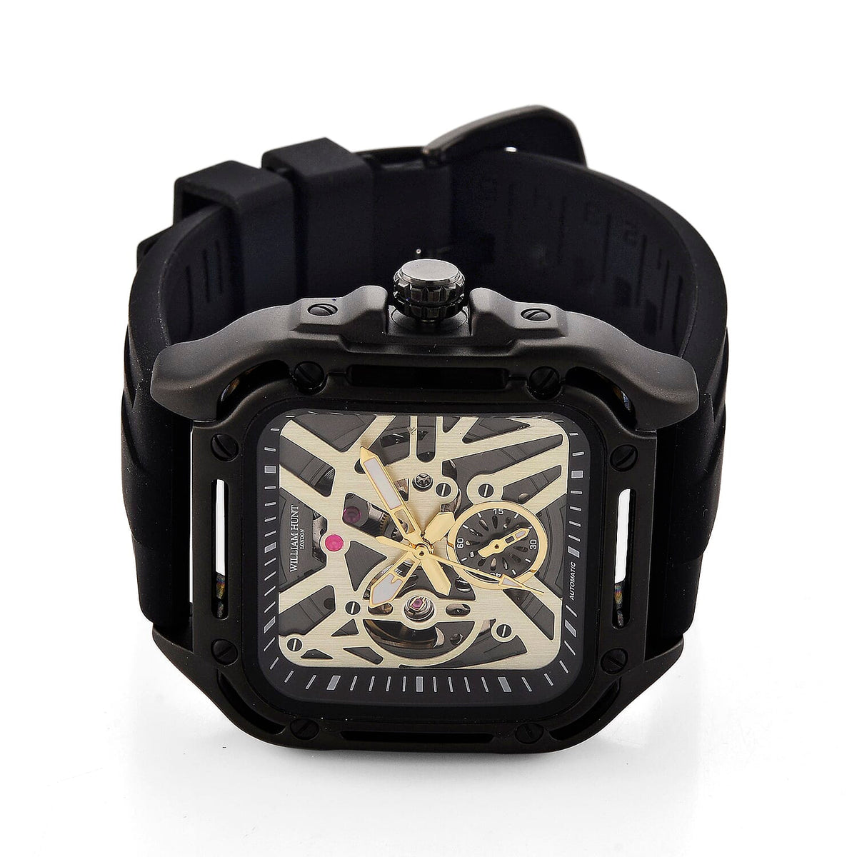 WILLIAM HUNT Automatic 3ATM WR Gold Hollow Dial &amp; Black Case Watch with Black Silicone Strap V32538989 5