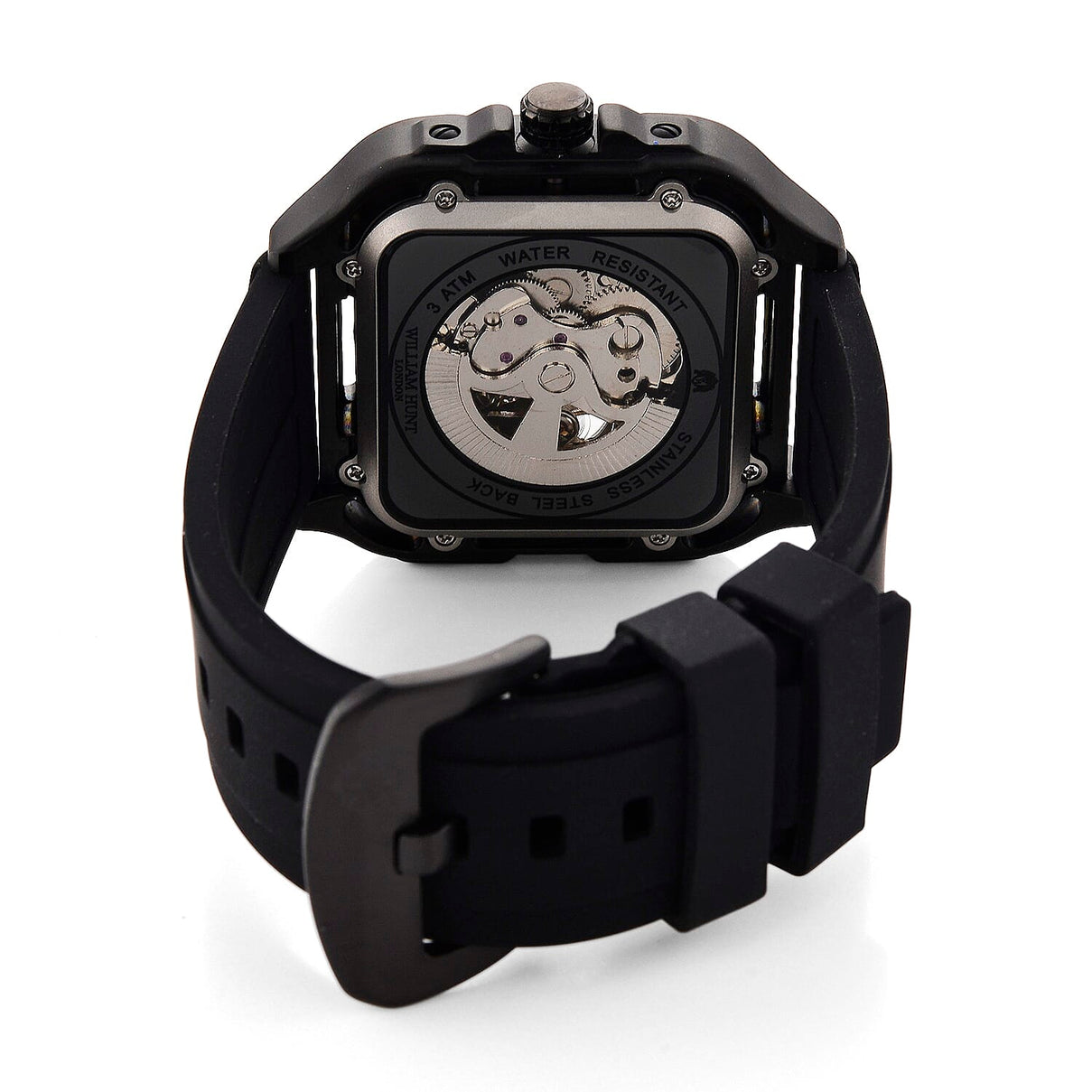 WILLIAM HUNT Automatic 3ATM WR Gold Hollow Dial &amp; Black Case Watch with Black Silicone Strap V32538989 7