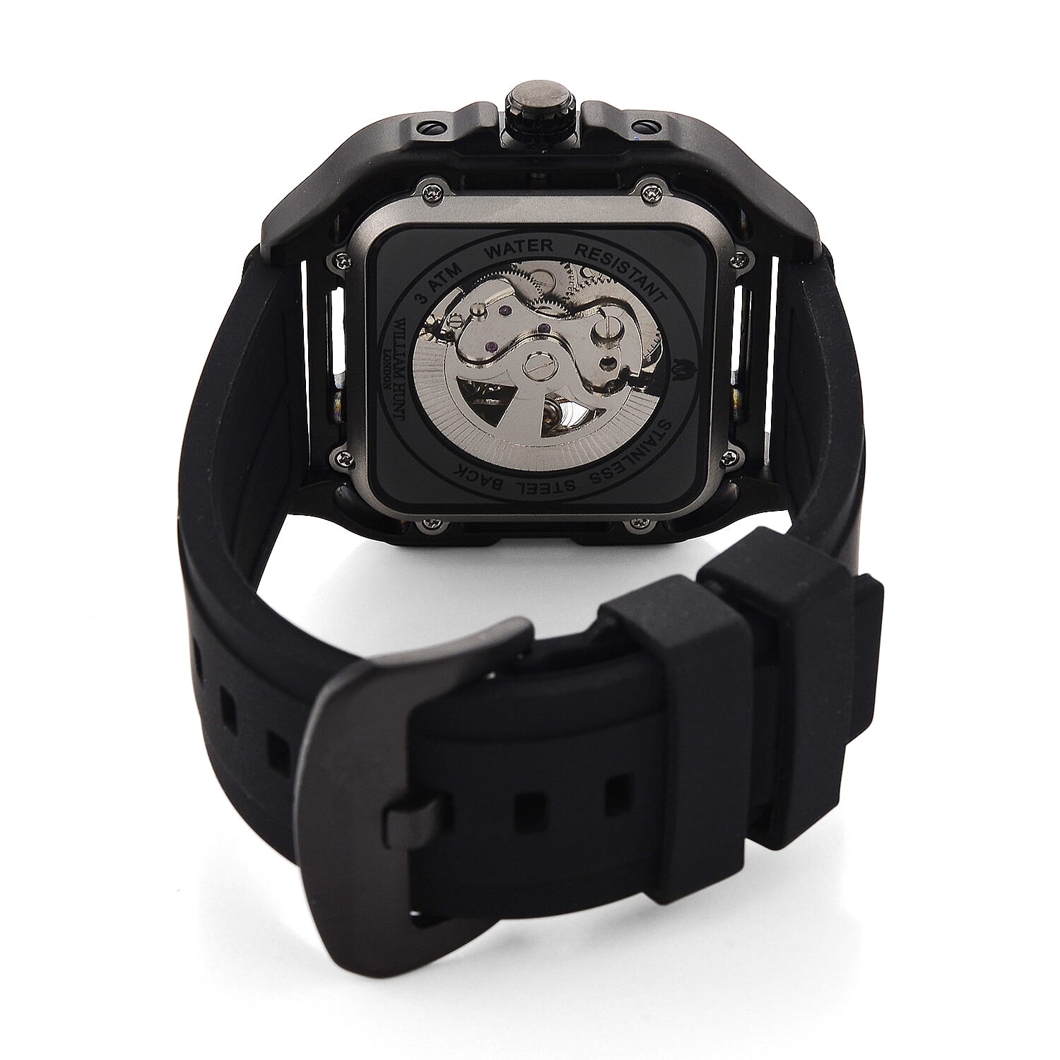WILLIAM HUNT Automatic 3ATM WR Gold Hollow Dial &amp; Black Case Watch with Black Silicone Strap V32538989 7