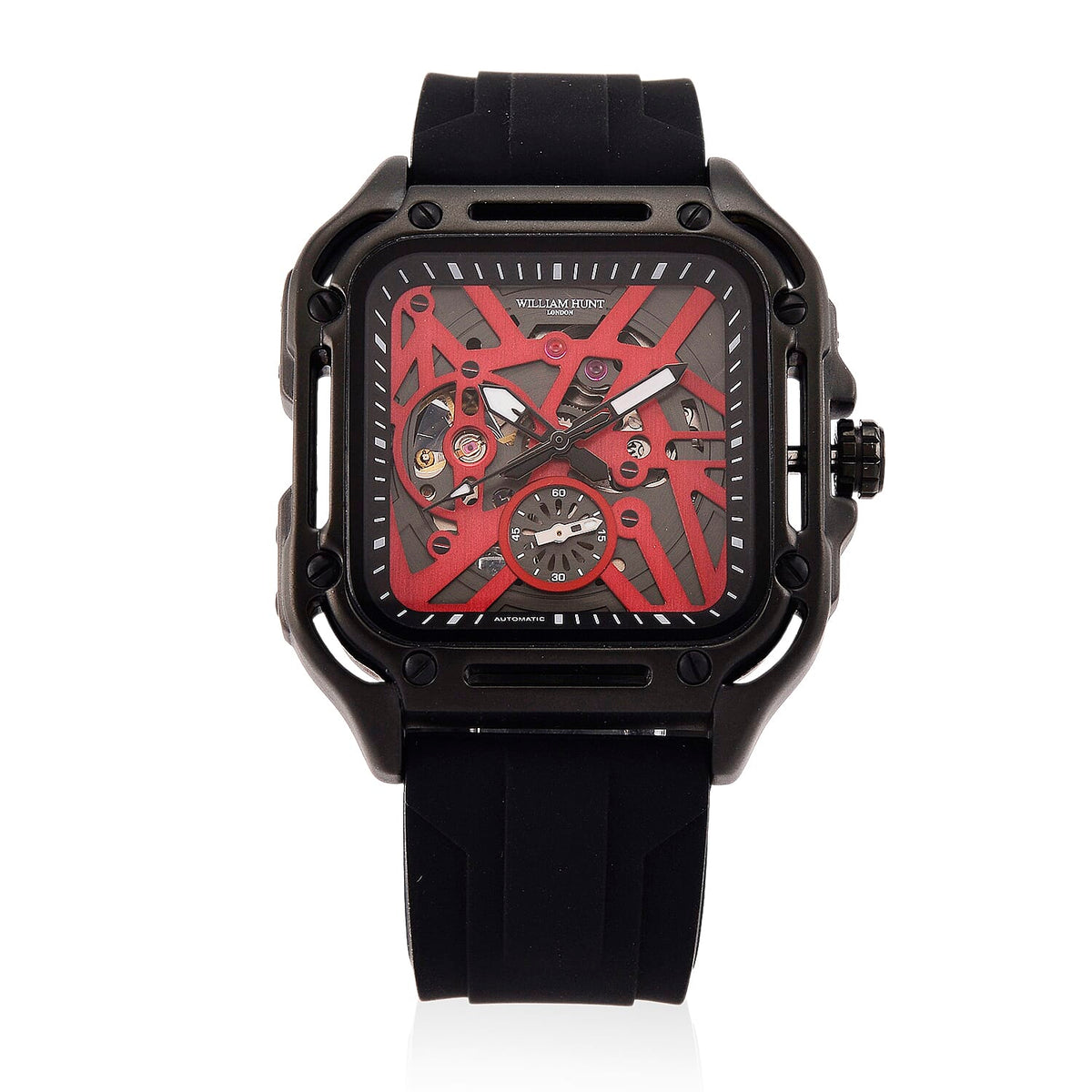 WILLIAM HUNT Automatic 3ATM WR Red Hollow Dial &amp; Black Case Watch with Black Silicone Strap 8555502 0