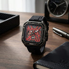 WILLIAM HUNT Automatic 3ATM WR Red Hollow Dial & Black Case Watch with Black Silicone Strap