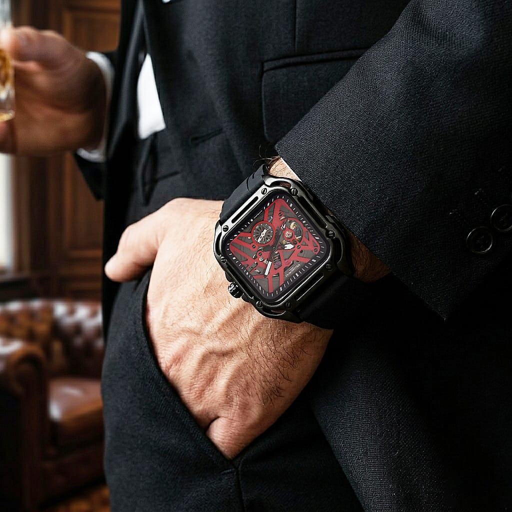 WILLIAM HUNT Automatic 3ATM WR Red Hollow Dial & Black Case Watch with Black Silicone Strap