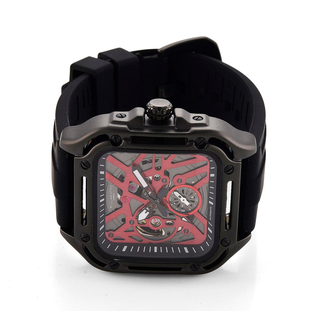 WILLIAM HUNT Automatic 3ATM WR Red Hollow Dial & Black Case Watch with Black Silicone Strap
