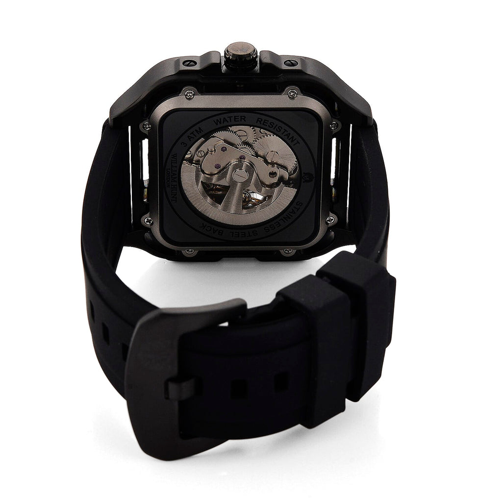 WILLIAM HUNT Automatic 3ATM WR Red Hollow Dial & Black Case Watch with Black Silicone Strap