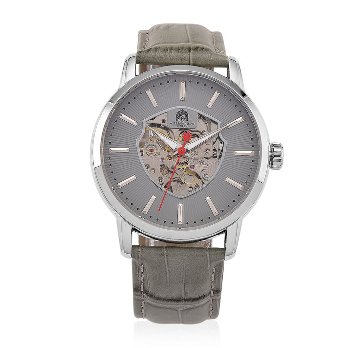 WILLIAM HUNT Automatic Movement 5 ATM Water Resistant Watch With Skeleton Display, Exhibition Back &amp; Grey Leather Strap Presented in a Gift Box 8319738 1