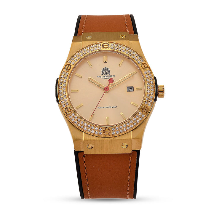 TJC 20TH ANNIVERSARY COMMISSION EXCLUSIVE - WILLIAM HUNT Limited Edition Epson Solar AS32 Movt. 5ATM WR Gold Sunshine &amp; Moissanite Dial &amp; Gold Case Watch with Coffee Strap (Adjustable) 8537031 1