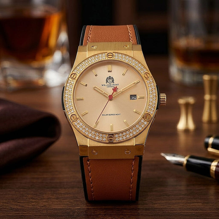 TJC 20TH ANNIVERSARY COMMISSION EXCLUSIVE - WILLIAM HUNT Limited Edition Epson Solar AS32 Movt. 5ATM WR Gold Sunshine &amp; Moissanite Dial &amp; Gold Case Watch with Coffee Strap (Adjustable) 8537031 2